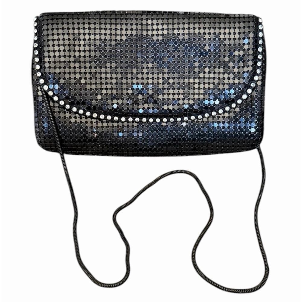 Vintage Black Metal Mesh Rhinestone Evening Bag Clutch Crossbody Y2K Disco - Picture 14 of 14